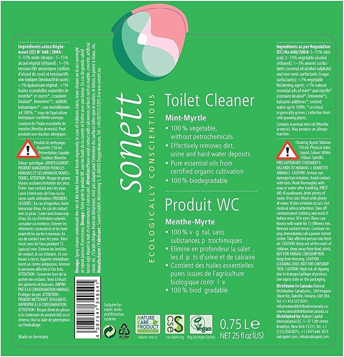 Sonett Organic Toilet Cleaner Mint-Myrtle,(25fl Oz/ 750ml) Effectively removes dirt, urine and hard water deposits (Pack of 6)