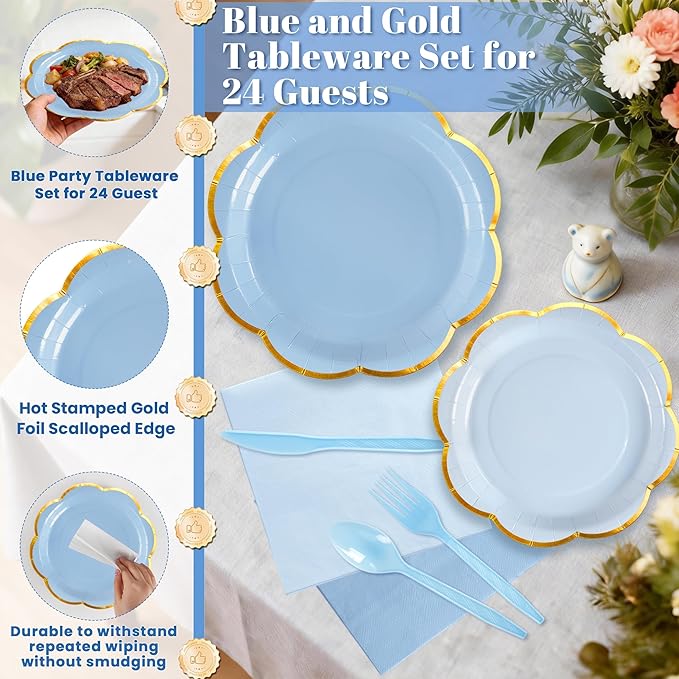 350Pcs Blue Paper Plates and Napkins Party Supplies,Scalloped Party Plates Cups Napkins, Graduation Light Blue Disposable Plates with Gold Rim for Party Birthday Baby Shower Gender Reveal Picnic, 50