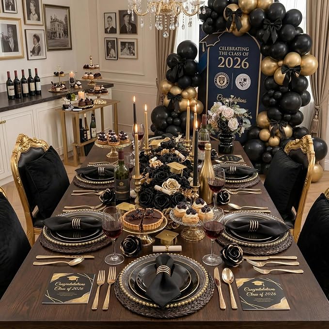 KIRE 60PCS Black Plastic Plates - Black Disposable Plates with Gold Rim - Include 30Pcs 10.25inch for Dinner and 30Pcs 7.5inch for Dessert for Wedding/Graduation/Party/Father's Day