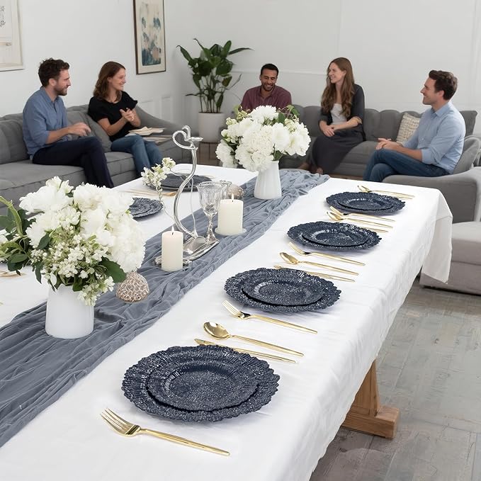 DaYammi 60Pcs Blue Plastic Plates - Dark Blue Pates Disposable - Heavy Duty Plastic Plates for Party Including 30 Dinner Plate, 30 Dessert Plate,blue Disposable plates for Party Wedding Dinner
