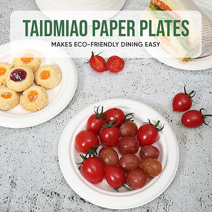 TaidMiao Dessert Plates, 100 Pack Small Paper Plates, Paper Plates 6 Inch – 100% Compostable Plates, Water & Oil Proof Disposable Plates, Microwavable Perfect Paper Plate For Party - White