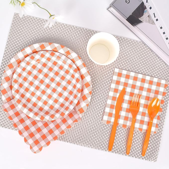 Vyntra 350 Pcs Orange & White Checkered Gingham Paper Plates and Napkins Set for 50, 9" Dinner Plates & 7" Dessert Plate, Halloween Fall Birthday Party
