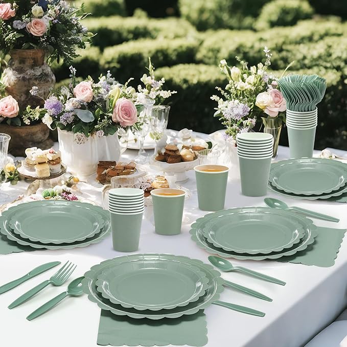 Ziliny 350 Pcs Sage Green Plates and Napkins, 50 Guest Graduation Party Supplies Include Scalloped Paper Plates Napkins Cups Plastic Spoons Forks Knives Disposable Tableware Set for Baby Shower