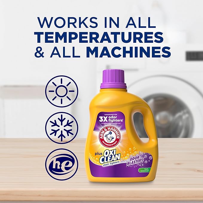 ARM & HAMMER Plus OxiClean with Odor Blasters Liquid Laundry Detergent, Laundry Odor Remover, Attacks Stains, Fresh Botanical Scent, 74 Loads, 96.2 Fl Oz
