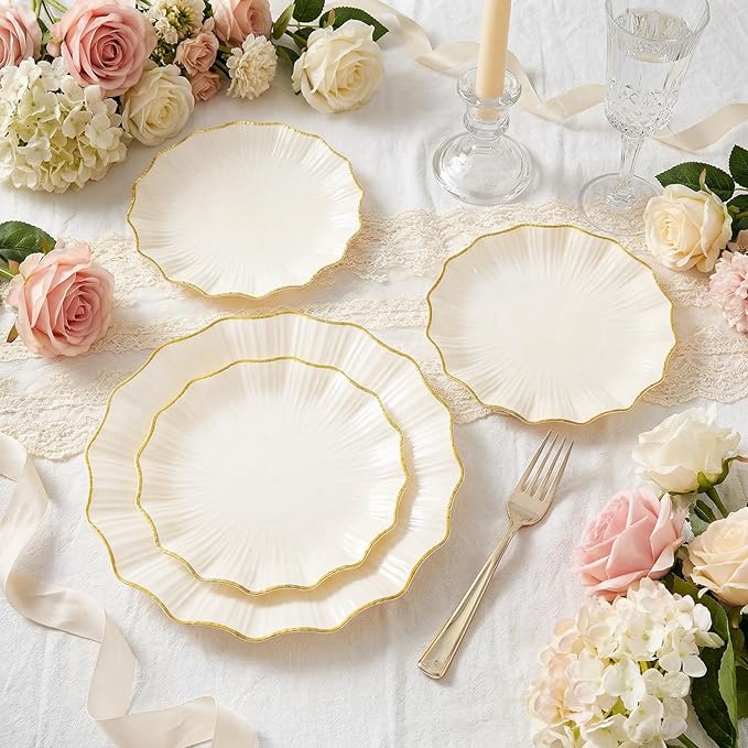 U-QE 150PCS Ivory and Gold Plastic Plates with Gold Disposable Silverware for 30 Guests, Vintage Ivory Plastic Plates Include 30 Dinner Plate,30 Dessert Plate,90 Cutlery for Bridal Shower, Party