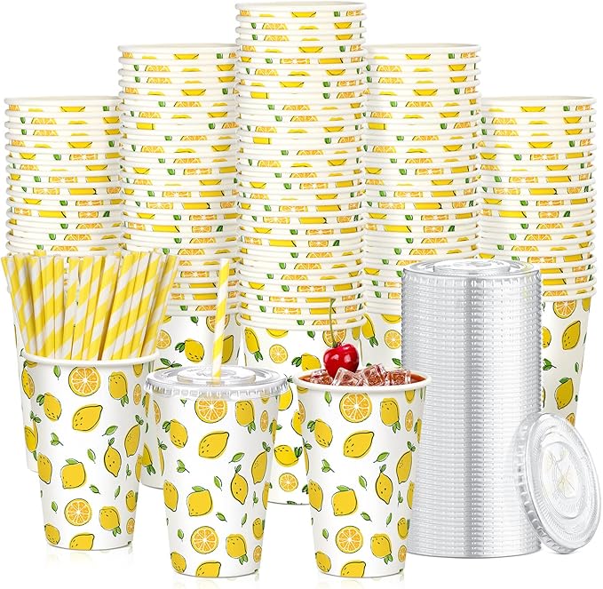 Tessco 150 Pieces/ 50 Sets Lemonade Cup with Lids and Paper Straws 12oz Disposable Iced Coffee Paper Summer Lemon Citrus Cold Cup for Fruit Party Iced Coffee Cold Beverages Drinks Juices
