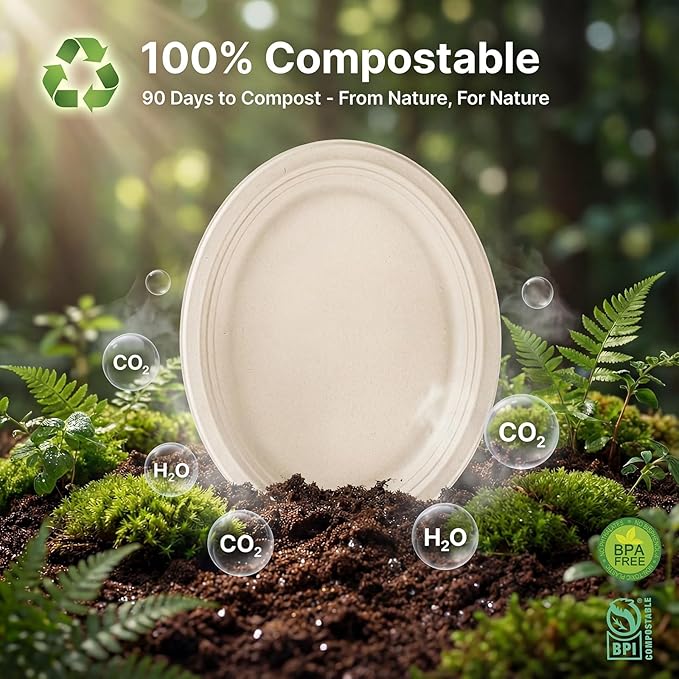 Tinybee 100% Compostable Oval Paper Plates 12 Inch [50-Pack] Heavy-Duty, Eco-Friendly, Biodegradable Bagasse Platters, Natural Unbleached Brown Disposable Plates for BBQ/Picnic/Party (BPI-Certified)