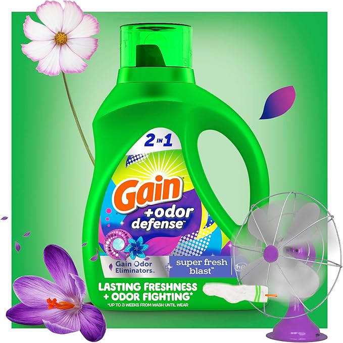 Gain + Odor Defense Liquid Laundry Detergent, Super Fresh Blast Scent, 113 Oz, 78 Loads, HE Compatible