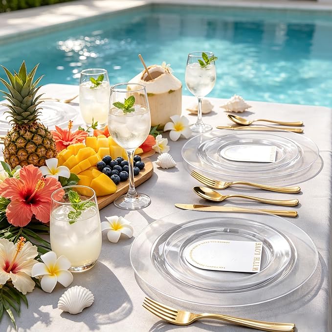 FLOWERCAT 60PCS Clear Plastic Plates - Disposable Clear Plates Heavy Duty for Christmas Party/Wedding/New Year - Include 30PCS 10.25inch Dinner Plates and 30PCS 7.5inch Dessert/Salad Plates