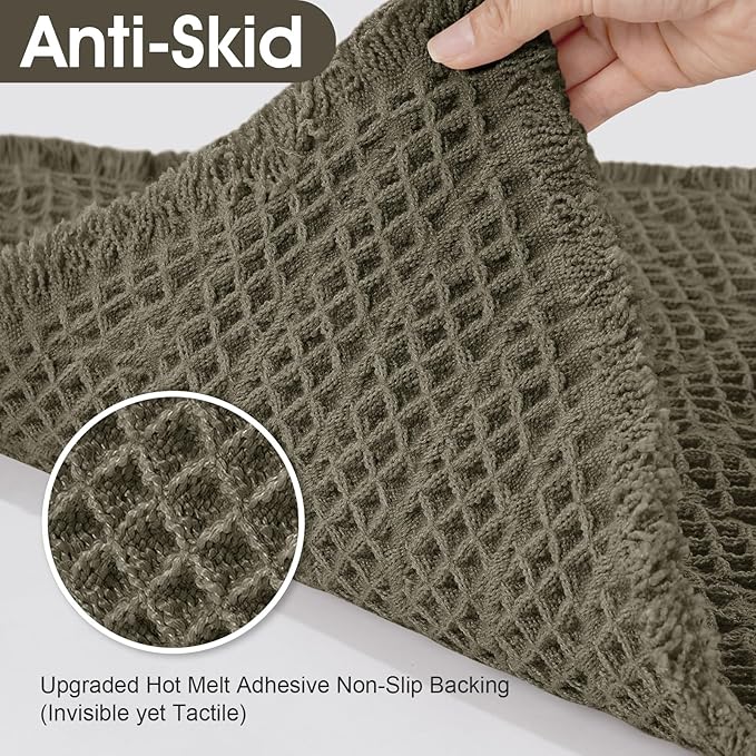 Upgraded Waffle Bath Mat, 32"x20" Greyish Green-Herringbone, Super Absorbent Non-Slip Quick Dry Bathroom Rugs with Tassels, Machine Washable Ultra Soft Boho Bath Rugs, Toilet Mats Boho Farmhouse Decor