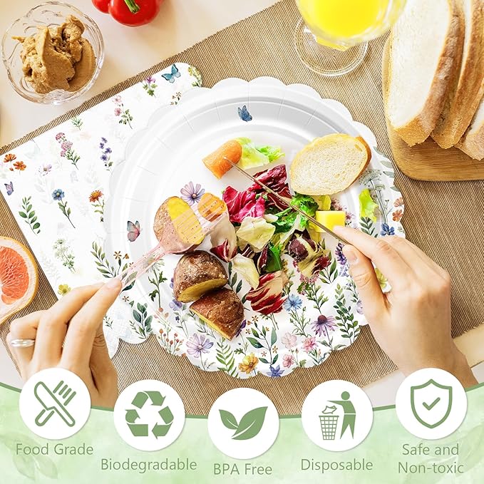 Mulbozy 100 Wildflower Themed Plates and Napkins Disposable Set Includes 25-9" & 25-7" Dessert Cake Scalloped Plates, Cocktail Napkins, Forks for for Holiday Party Supplies