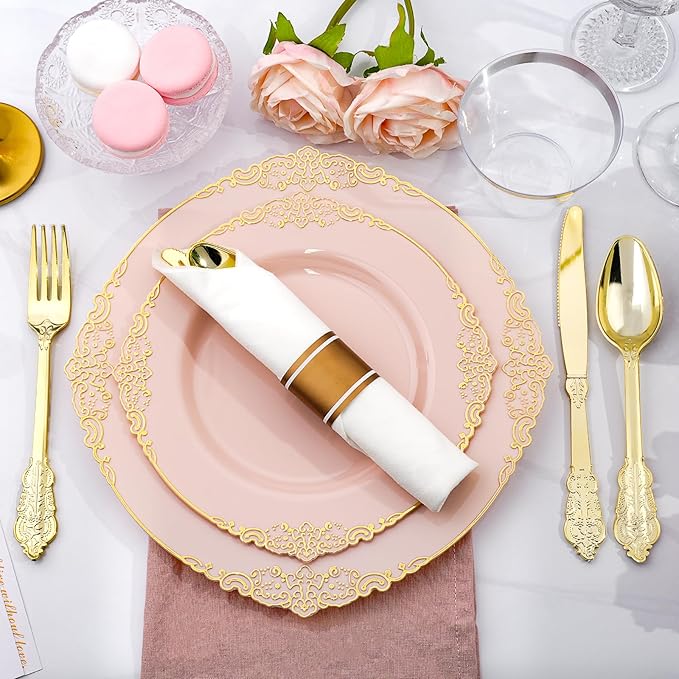 Realluck 350 PCS Pink and Gold Plastic Plates, Plastic Dinnerware Set for 50 Guests, 100 Disposable Plates, 150 Silverwares, 50 Cups, 50 Napkins for Party, Wedding, Graduation