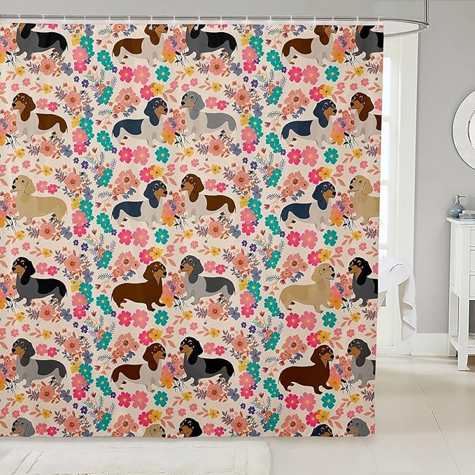 Dachshund Decor Shower Curtain Pink Floral Puppy Bath Curtain Dachshund Gifts for Women Girls,Lovely Pup Dog Flowers Shower Curtain Set Dog Lover 72"Wx78"L,Cute Pet Doggy Animal Bathroom Decor