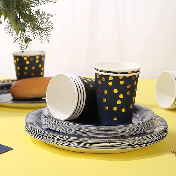 168Pcs Navy Blue Plates and Napkins Party Supplies, Blue Paper Plates Serve 24, blue and Gold Party Decorations, for Birthday, Fathers Day, Graduation, 4th of July