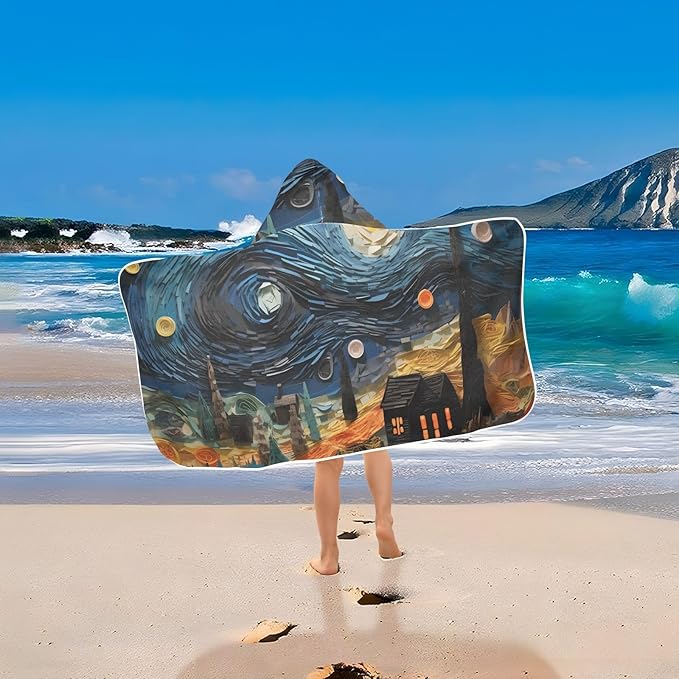 Hooded Towel for Kids House and Starry Night Oil Painting Beach Wrap Bath Towels 50x23.5in