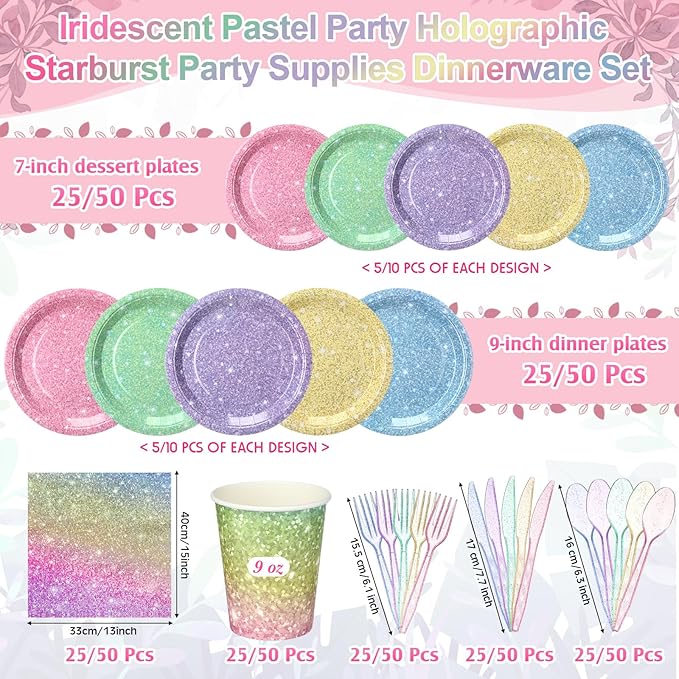 Hushee 350 Pcs Pastel Rainbow Holographic Print Party Supplies Guests Disposable Dinnerware Set Include Paper Plates, Napkins, Cups, Plastic Cutlery for Wedding Birthday Disco Bachelorette