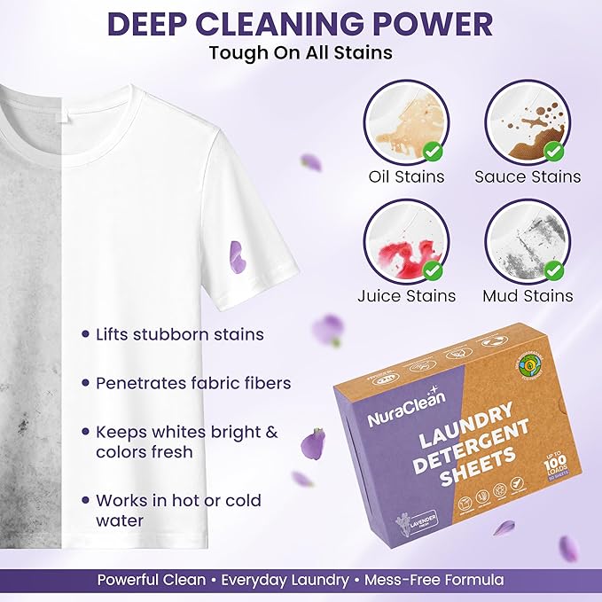 Laundry Detergent Sheets, Lavender Fresh – 50 Sheets (Up to 100 Loads), Powerful Clean, HE Compatible, Hypoallergenic, Plastic-Free, Eco-Friendly, Travel Friendly (Lavender)
