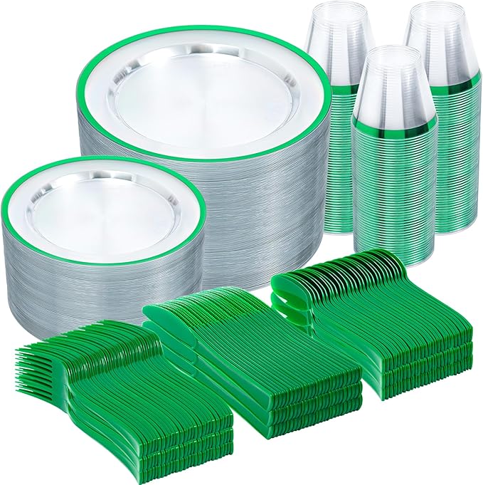 N9R 600PCS Green Plastic Dinnerware Set, Disposable Plastic Plates Includes 100 Dinner Plates, Dessert Plate, Cups, Spoons, Forks, Knives for 100 Guests, Perfect for Party, Wedding, Birthday