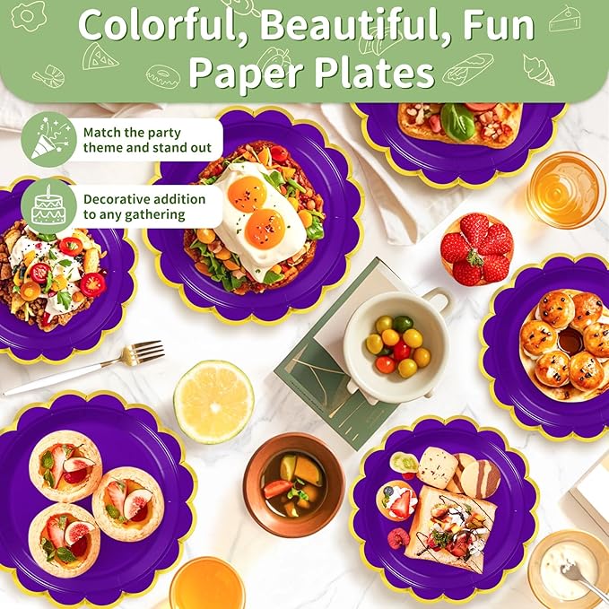 50 Pcs Purple Paper Plates, 25 Pcs 9" and 25 Pcs 7" Disposable Dark Purple Scalloped Plates with Gold Foil for Graduation Wedding Baby Shower Birthday Party Picnic BBQ