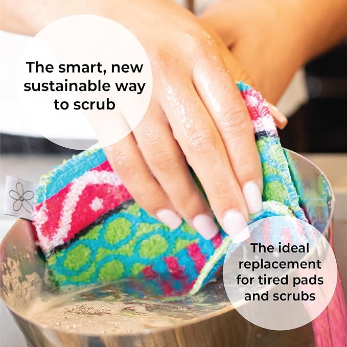 Skoy Scrub, 4-Pack Reusable, Non-Scratching Dish Scrubber for Kitchen and Household Cleaning, Planet-Friendly, Dishwasher Safe Soft Scrub, Assorted Colors and Designs