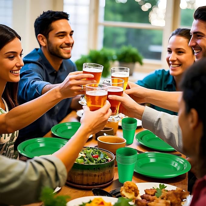 Green Plastic Plates,Green Disposable Plates,Including Green Plates and Napkins, Plastic Cutlery and 12OZ Cups for Engagement Wedding Birthday Graduation,Serve 25 Guests