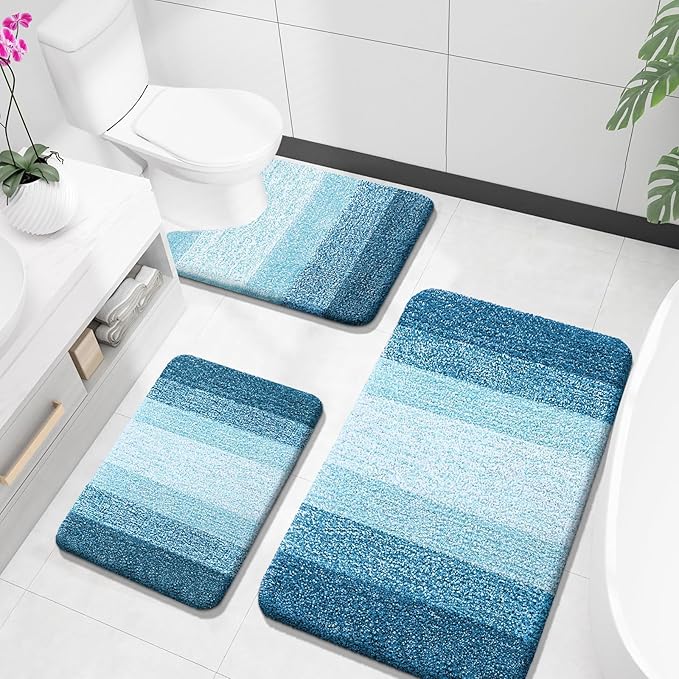 OLANLY Bathroom Rugs Sets 3 Piece, Soft Absorbent Microfiber Bath Mats and U-Shaped Contour Toilet Rug, Plush Shaggy Bath Mat Set for Bathroom (36"x24"+24"x16"+24"x20", Peacock Blue)