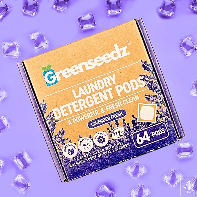 Greenseedz Laundry Pods, Fresh Lavender Scent, 64 Pacs, Eco Friendly, Powerful Clean, Biodegradable, HE Compatible