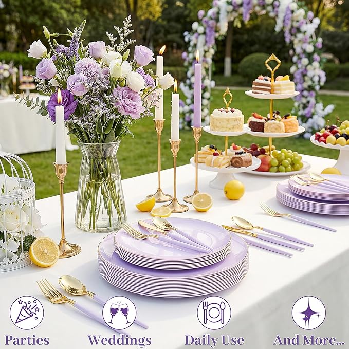 DaYammi 150Pcs Purple Plastic Plates with Gold Rim,Disposable Plastic Plates Include 30 Dinner Plate,30 Salad Plate,30 Forks,30 Spoons,30 Knive,Purple Disposable Platos for Party Wedding Bridal Shower