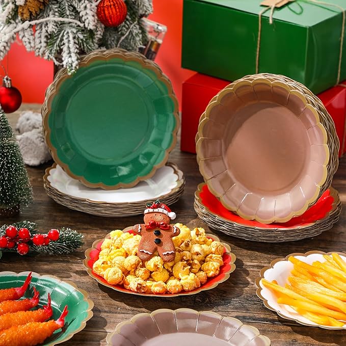 48 Pcs Christmas Paper Plates 7 Inch Red Green White Dessert Scalloped Edge Disposable Dinner Plates for Fall Halloween Wedding Birthday Baby Shower Party Supply