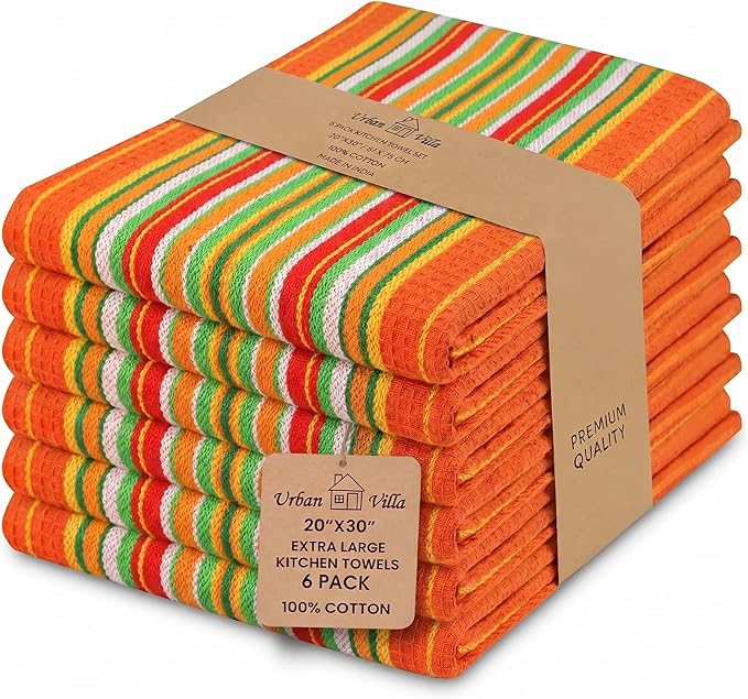 Urban Villa Kitchen Towels Waffle Stripes Dish Towels for Kitchen Orange Waffle Set of 6 Kitchen Towels Highly Absorbent 100% Cotton Over Sized 20X30 in with Mitered Corners Kitchen Hand Tea Towels