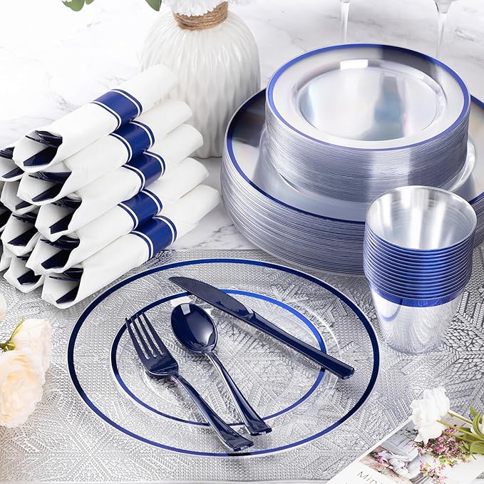 Goodluck 350 Piece Dark Blue Plastic Dinnerware Set for Party, Clear Disposable Plates for 50 Guests, Includes 100Plates, 50 Pre Rolled Napkins with Cutlery Set, 50 Cups, for Graduation, Birthday