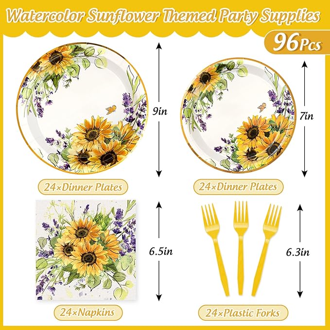 Sunflower Party Supplies Kit Serves 24 Watercolor Floral Paper Plates Napkins Disposable Plastic Forks for Summer Baby Shower Birthday, 7 inch, 9 inch