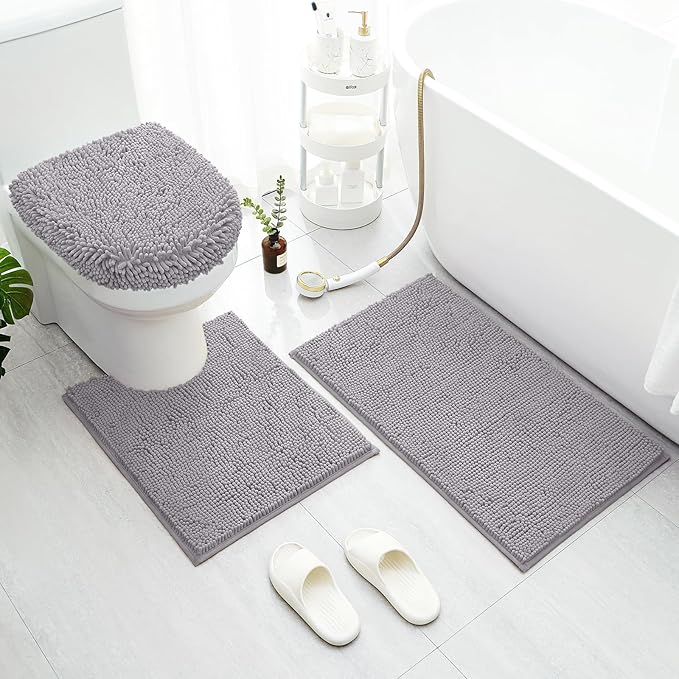 BYSURE Grey Bathroom Rugs Sets 3 Piece with Toilet Lid Cover Non Slip Extra Absorbent Plush Chenille Soft Washable Bath Mats