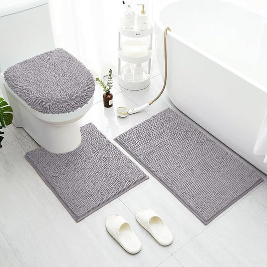 BYSURE Grey Bathroom Rugs Sets 3 Piece with Toilet Lid Cover Non Slip Extra Absorbent Plush Chenille Soft Washable Bath Mats