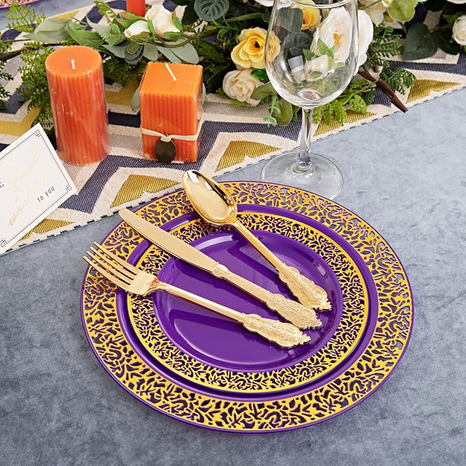 U-QE 150PCS Purple Gold Plastic Plates with Gold Silverware, Gold Plastic Plates for Party & Wedding Include 30 Dinner Plates 10.25", 30 Salad Plates 7.5", 30 Forks, 30 Knives, 30 Spoons