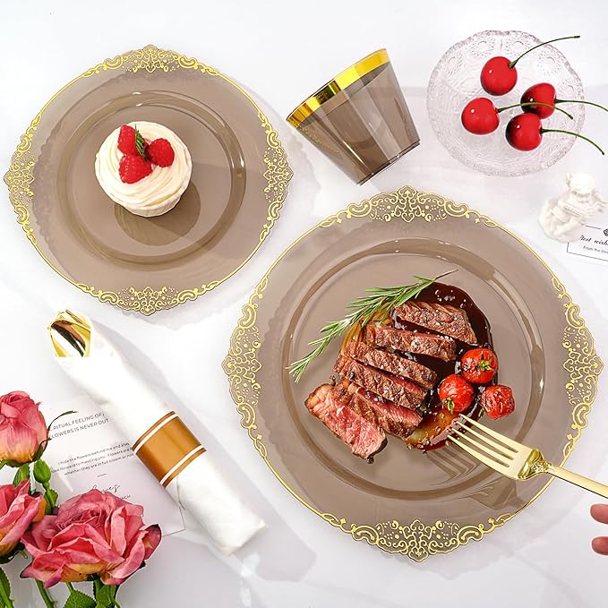 Bestluck 350 PCS Black and Gold Plastic Plates, Disposable Dinnerware Set for 50 Guests, 100 Disposable Plates, 150 Silverwares, 50 Cups, 50 Napkins for Wedding, Party, Graduation