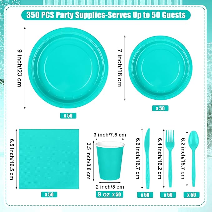 Kochorie 350 Pieces Teal Blue Dinnerware Set, 7 & 9 inch Dessert Paper Plates Cups Napkins Plastic Cutlery Disposable Party Supplies for Birthday Baby Shower Wedding, Serve 50 Guests