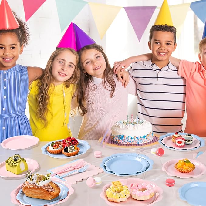 96 Pcs Baby Gender Reveal Plates and Napkins Set Party Supplies, Tableware set for 24 Guest include Light Pink and Blue Scalloped Plates, Napkins and Forks for Baby Shower Gender Reveal Party