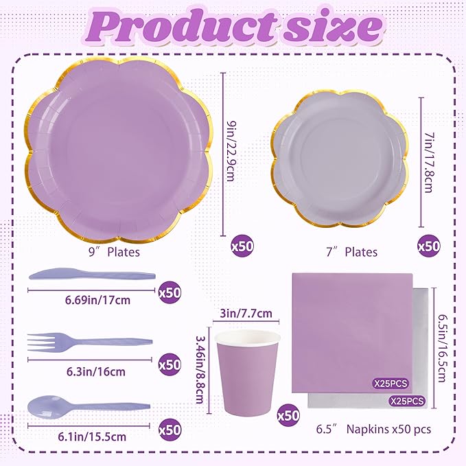 350Pcs Purple Paper Plates and Napkins Party Supplies,Purple Scalloped Party Plates with Gold Rim,Lavender Party Plates and Cups and Napkins Sets for Garden Baby Shower Wedding Birthday,Serves 50