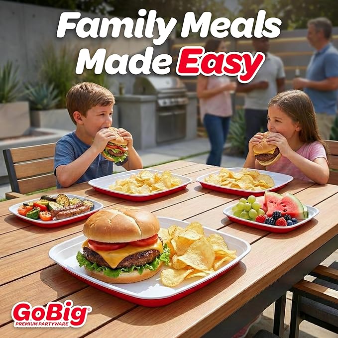 GoBig Red Plastic Disposable Plates - 30 Count 10 Inch - Square Heavy Duty Red Cup Party Plates