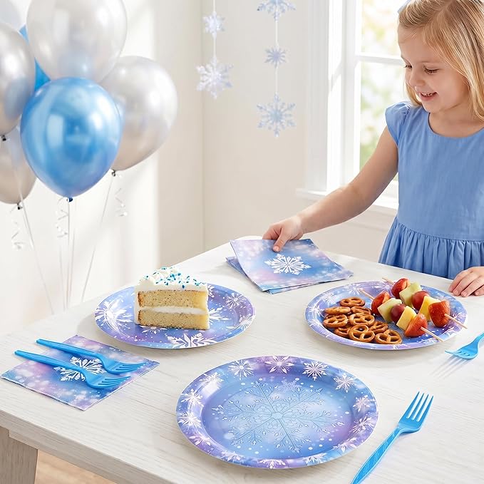 100 Pcs Frozen Party Supplies for 25 Guests, Heavy-Duty 7" & 9" Paper Plates, 2-Ply 13" Napkins & Plastic Forks, Disposable Winter Snowflake Tableware Set for Christmas Holiday Party