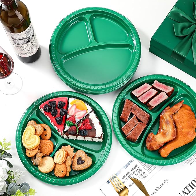 Teenyyou 50 Pcs 10 Inch Plastic 3 Compartment Divided Plates Heavy Disposable Plates Duty Round Dinner Plates with Dividers for Wedding Birthday Party Dinnerware(Green)
