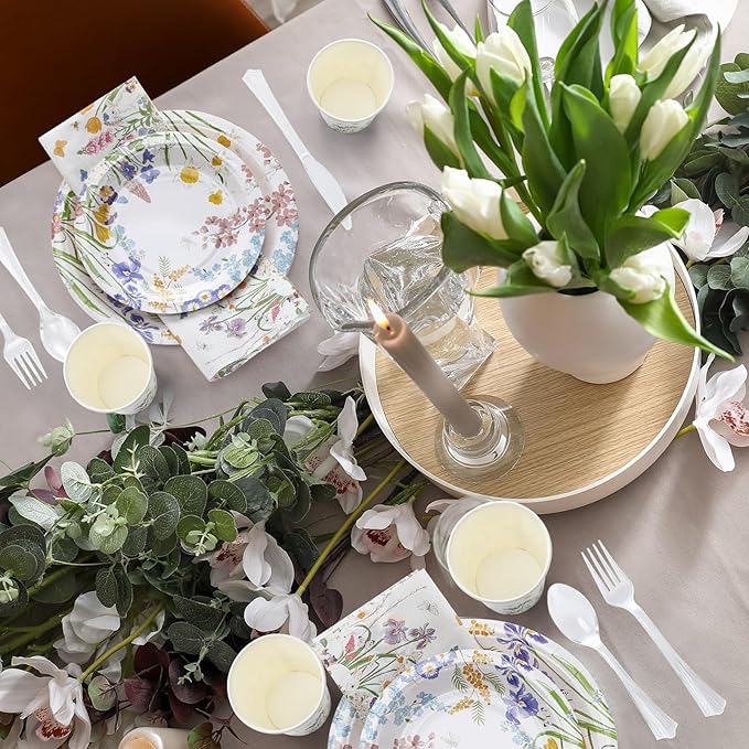 FillTouch 350 Pcs Floral Party Supplies Set Wildflower Disposable Paper Plates Flower Napkins Cups Knives Forks Spoons for 50 Guests Spring Summer Garden Tea Party Baby Shower Birthday
