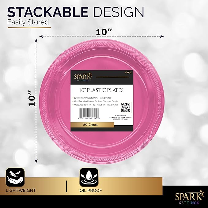 Amcrate Bright Pink Disposable Dinner Plates, 10.4 Inches, Strong & Sturdy for Party, Picnic, Travel - Pack of 50
