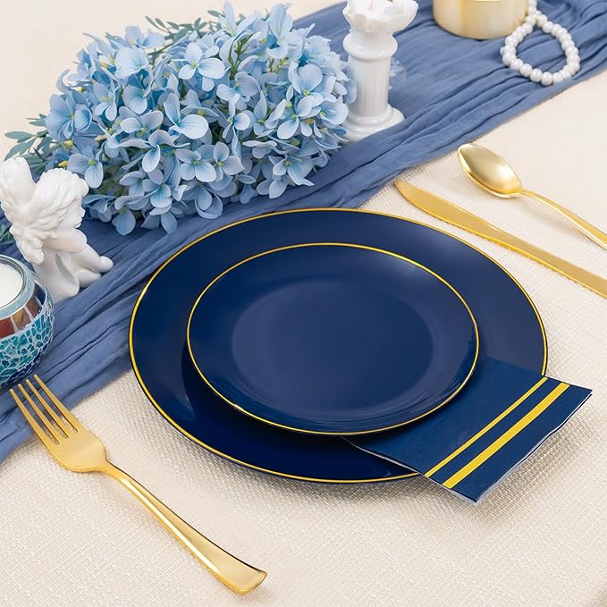 NOCCUR 350PCS Navy Blue Plastic Plates - Blue Disposable Dinnerware Set for 50 Guests, 100 Dinner/Dessert Plates, 150 Gold Silverware, 50 Cups&50 Napkins for Party/Wedding/Graduation/Memorial Day