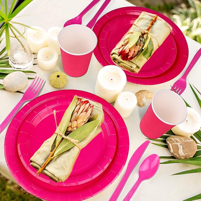 228PCS Hot Pink Party Supplies Set Include Paper Plates Cups Hot Pink Napkins Plastic Spoons Forks Knives for 30Guests Disposable Party Dinnerware Sets for Birthday Wedding Family Picnic