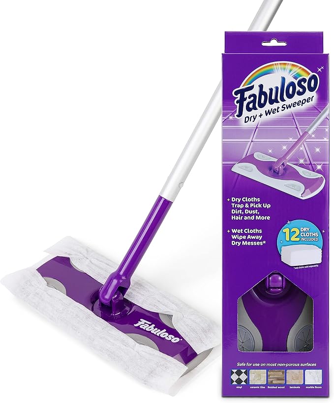 Fabuloso Dry and Wet Sweeper, 2-in-1 Floor Dust Mop for Dry Sweeping and Light Wet Mopping, Lightweight Aluminum Handle, Swivel Low-Profile Head, Bonus 12 Dry Pads Included