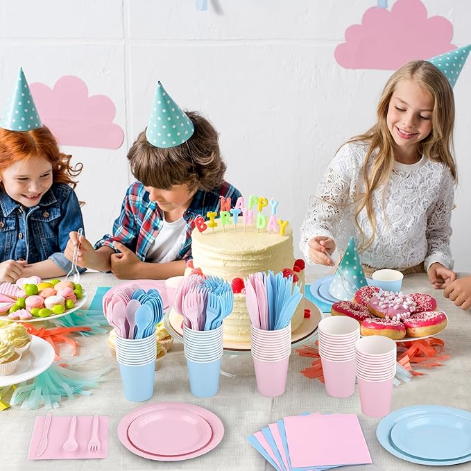 Kochorie 350 Pieces Gender Reveal Dinnerware Set, 7 & 9 inch Light Pink Light Blue Paper Plates Cups Napkins Plastic Cutlery Disposable Party Supplies for Birthday Baby Shower, Serve 50 Guests