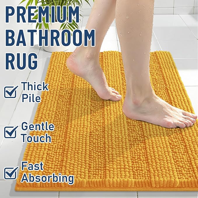 Grandaily Chenille Striped Bathroom Rugs 36x24, Extra Thick and Soft Absorbent Bath Mats, Rubber Backing, Plush Shaggy Shower Carpet, Machine Wash Dry, Bath Rug for Bathroom, Golden Yellow
