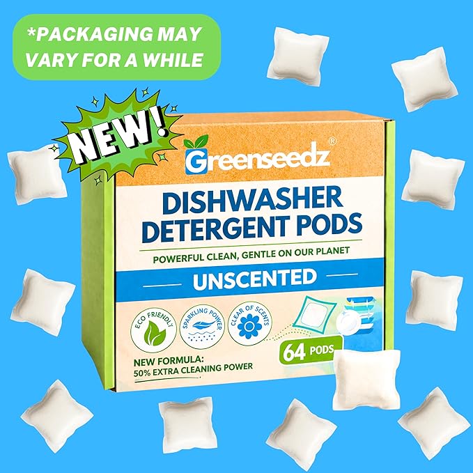 Dishwasher Detergent Pods Free & Clear, Unscented, Eco Friendly, Cuts Grease, 64 Count, Powerful Formula for Sparkling Clean Dishes, Automatic Dishwasher Safe